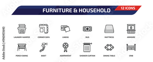 furniture & household outline icon set. 12 linear vector for ui, web and mobile. thin line laundry hamper, corner sofa, linens and more icons.