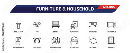 furniture & household outline icon set. 12 linear vector for ui, web and mobile. thin line table lamp, dog, bench and more icons.