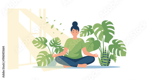 Woman meditating cross-legged on a mat surrounded by lush green plants in a serene indoor setting with natural light.