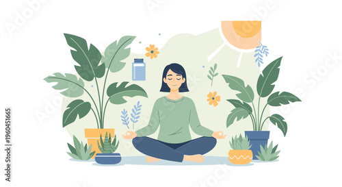 A serene woman meditates cross-legged surrounded by lush green plants with vibrant leaves and colorful flowers in a peaceful setting with soft pastel hues.