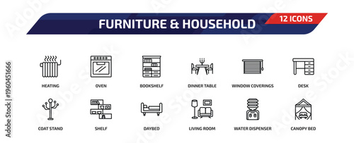 furniture & household outline icon set. 12 linear vector for ui, web and mobile. thin line heating, oven, bookshelf and more icons.