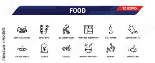 food outline icon set. 12 linear vector for ui, web and mobile. thin line vegetarian food, brochette, ice cream truck and more icons.