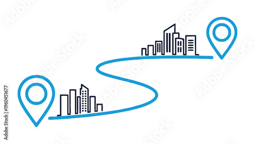 Route Navigation Path with City Map Pins for GPS Location Tracking and Travel Direction Vector Illustration