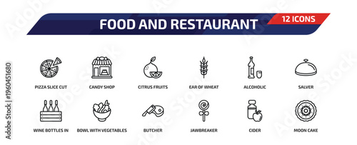 food and restaurant outline icon set. 12 linear vector for ui, web and mobile. thin line pizza slice cut, candy shop, citrus fruits and more icons.