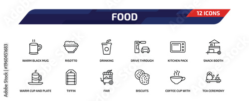 food outline icon set. 12 linear vector for ui, web and mobile. thin line warm black mug, risotto, drinking and more icons.