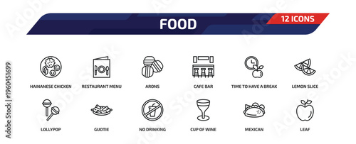 food outline icon set. 12 linear vector for ui, web and mobile. thin line hainanese chicken, restaurant menu, arons and more icons.