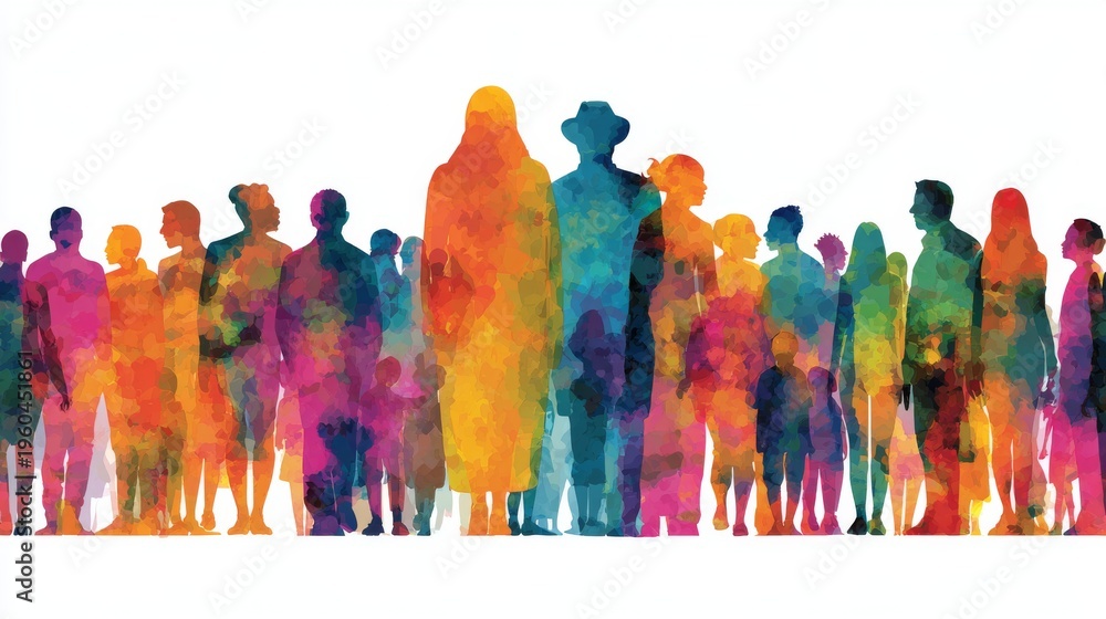 Obraz premium Colorful silhouettes representing a diverse multicultural group of people standing together in unity, inclusion and equality, abstract community concept with vibrant colors symbolizing diversity, team