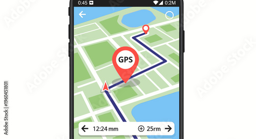 A smartphone screen displays a GPS navigation map with a route and location marker on a green and blue urban landscape.