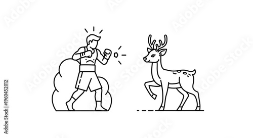Unexpected Encounter: A Pugilist Faces a Serene Stag in a Minimalist Line Art Illustration