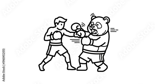 Dynamic black and white line art depicts a determined human boxer landing a punch on a surprised