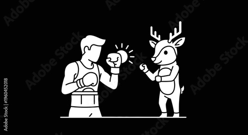 Whimsical boxing match between a determined human fighter and a cute antlered deer in a minimalist