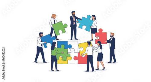 Illustration of a diverse group of business professionals assembling colorful puzzle pieces together in a collaborative effort on a clean white background with a professional and teamwork