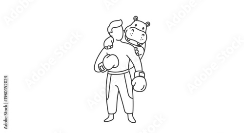 Charming minimalist line art capturing an unexpected bond between a boxer and a friendly hippo