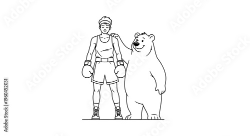 Unlikely duo: boxer and friendly bear together in a heartwarming line art illustration