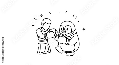 Friendly boxing match illustration featuring a person and a cheerful penguin in gloves