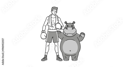 Unique gym partners: a fit athlete and an adorable hippo ready for a playful workout session