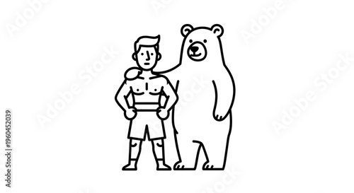 Strong man and bear companionship line art illustration on a clean white background