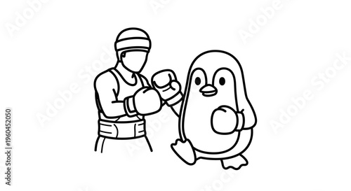 Boxer and adorable penguin ready for a friendly cartoon match in a simple line drawing style