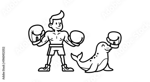 Dynamic duo boxing training illustration featuring a strong man and a playful seal ready for a