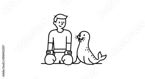 A charming monochrome illustration of a boxer and a cheerful seal sharing an unexpected friendly