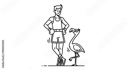 Minimalist outline drawing of a confident boxer posing alongside an elegant flamingo companion