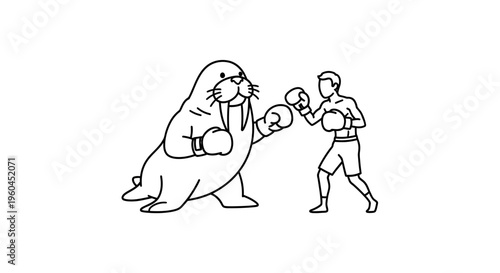 Whimsical line art illustration of an unexpected boxing match between a man and a walrus an