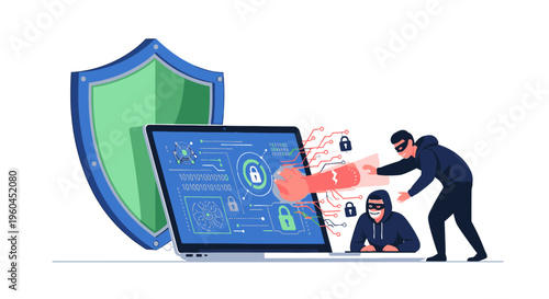 Illustration of two masked hackers attempting to breach a laptop with a shield and password protection on a white background.