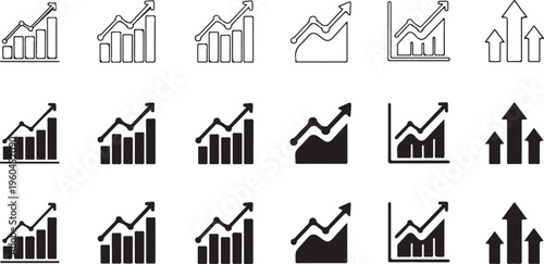 Business growth chart icons, bar graph symbols, financial report elements, 25 black and gray line icons