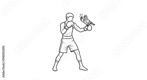 A determined boxer finds an unexpected training partner in a calm urban pigeon, symbolizing unique