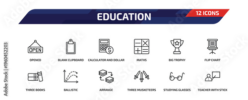 education outline icon set. 12 linear vector for ui, web and mobile. thin line opened, blank clipboard, calculator and dollar and more icons.