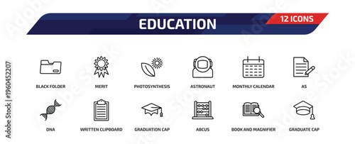 education outline icon set. 12 linear vector for ui, web and mobile. thin line black folder, merit, photosynthesis and more icons.