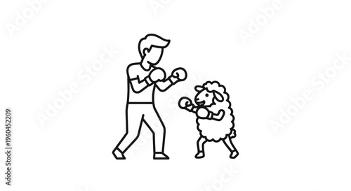 Charming line illustration of a man and a fluffy sheep playfully sparring with boxing gloves, a