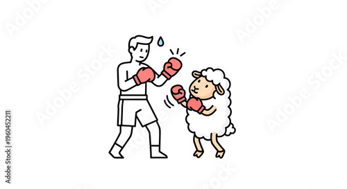 Whimsical boxing match between a human athlete and an adorable fluffy sheep fighter cartoon