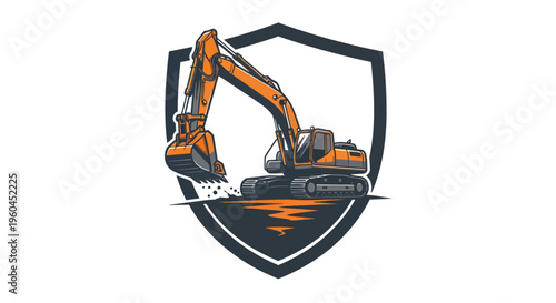 Excavator Machine Emblem Construction Industry Symbol.