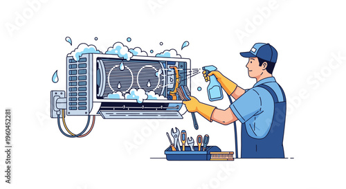 Illustration of a technician cleaning an air conditioning unit with tools and water spray in a maintenance setting.