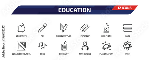 education outline icon set. 12 linear vector for ui, web and mobile. thin line sticky note, pen, school supplies and more icons.