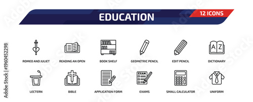 education outline icon set. 12 linear vector for ui, web and mobile. thin line romeo and juliet, reading an open book, book shelf and more icons.