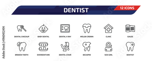 dentist outline icon set. 12 linear vector for ui, web and mobile. thin line dental checkup, baby dental, dental x ray and more icons.
