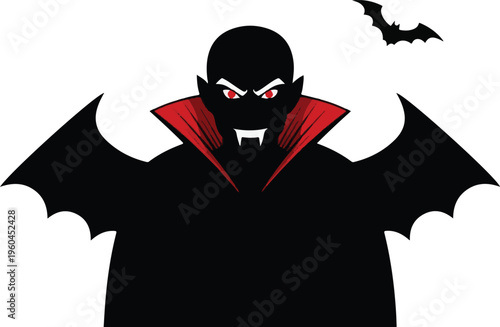 Halloween vampire, cartoon bat creature, black and red icon, spooky character