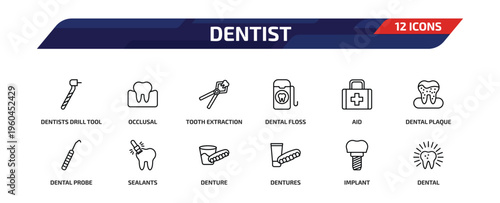 dentist outline icon set. 12 linear vector for ui, web and mobile. thin line dentists drill tool, occlusal, tooth extraction and more icons.