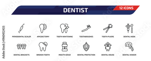 dentist outline icon set. 12 linear vector for ui, web and mobile. thin line periodontal scaler, apicoectomy, tooth whitening and more icons.