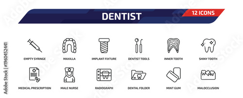 dentist outline icon set. 12 linear vector for ui, web and mobile. thin line empty syringe, maxilla, implant fixture and more icons.