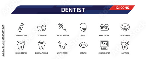dentist outline icon set. 12 linear vector for ui, web and mobile. thin line chewing gum, toothache, dental needle and more icons.