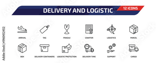 delivery and logistic outline icon set. 12 linear vector for ui, web and mobile. thin line arrival, tag, fragile and more icons.
