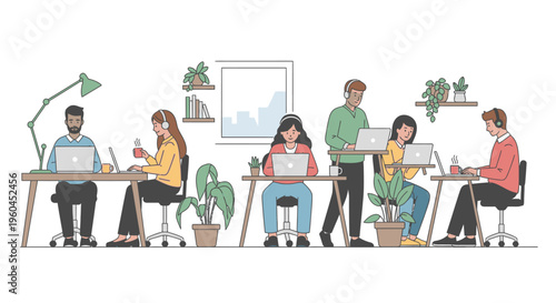 Illustration of a diverse group of coworkers working together in an office with plants and modern decor in a flat design style.