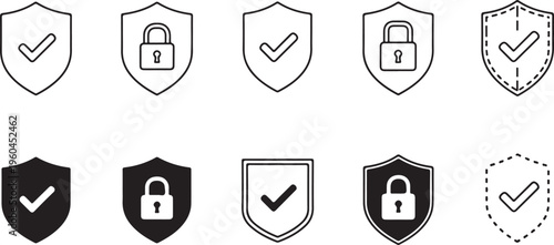 Security icons, shield symbols, lock and checkmark graphics, 10 vector elements