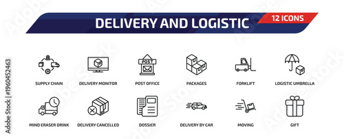 delivery and logistic outline icon set. 12 linear vector for ui, web and mobile. thin line supply chain, delivery monitor, post office and more icons.
