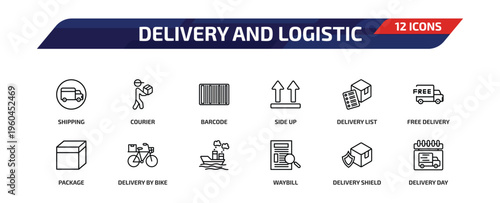 delivery and logistic outline icon set. 12 linear vector for ui, web and mobile. thin line shipping, courier, barcode and more icons.