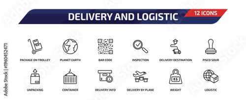 delivery and logistic outline icon set. 12 linear vector for ui, web and mobile. thin line package on trolley, planet earth, bar code and more icons.