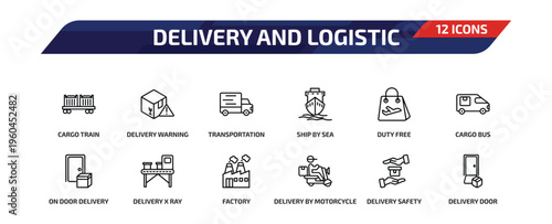 delivery and logistic outline icon set. 12 linear vector for ui, web and mobile. thin line cargo train, delivery warning, transportation and more icons.